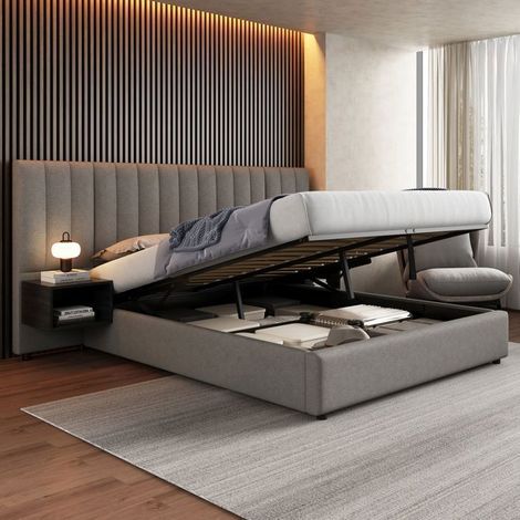 Lit Coffre 160x200 - 2 Tables de Chevet - Lit Rembourré - Tissu Lin Gris et Noir, Design Rayé, Grand Rangement (1/5)