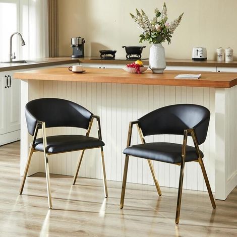 Chaise - KOMHTOM - Design moderne minimaliste - Similicuir noir - Cadre métallique doré - Lot de 2 (1/5)