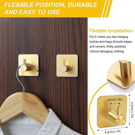 AIDUCHO 4 Pièces Inox Patère Murale Autocollant Doré, Adhésif Accroche Serviette,Crochet Adhésif Pour Salle De Bain Cuisine Pour Suspendre Des Articles, Sans Perçage (1/4)