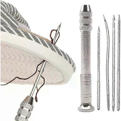 Kit d'aiguilles à coudre le cuir comprenant un poinçon argenté et 4 aiguilles adaptées à la couture du cuir et de la toile. (1/5)