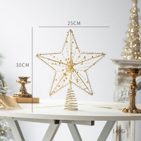 LED-Weihnachtsbaumschmuck 25 x 30 cm – Runder, goldener, fünfzackiger Stern mit Mini-LEDs, fünfzackiger Weihnachtsbaumschmuck
