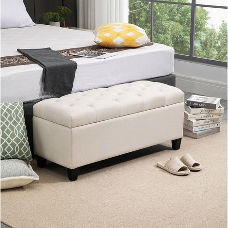Gepolsterte Truhenbank 100x40x44 cm Polyester Leinenoptik, Kautschukholz, Cremeweiß OKMYHOME (1/5)