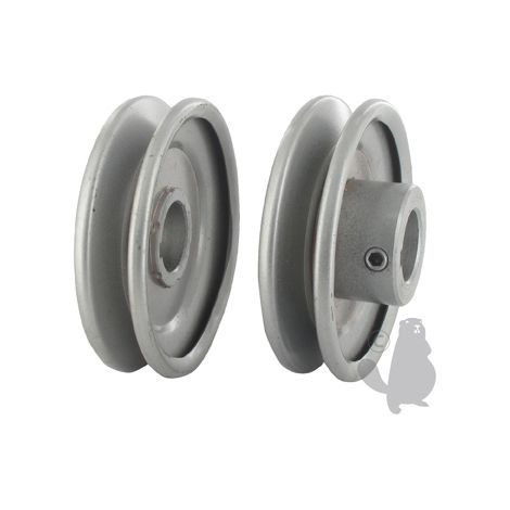 Polea de bloqueo con garganta trapezoidal de acero. Diámetro exterior: 88,90 mm, diámetro interior: 22,23 mm.