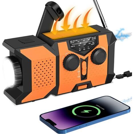 QORVA-Radio météo AM/FM, batterie 2000 mAh, manivelle, lampe torche LED, alarme SOS, chargeur USB, idéale pour le camping et les situations d'urgence.