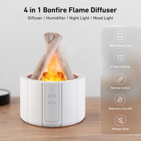 Diffusore di oli essenziali con effetto fiamma, umidificatore d'aria da 280 ml, luminosità regolabile, 3 timer, con telecomando, diffusore di aromaterapia silenzioso, 7 colori (1/4)