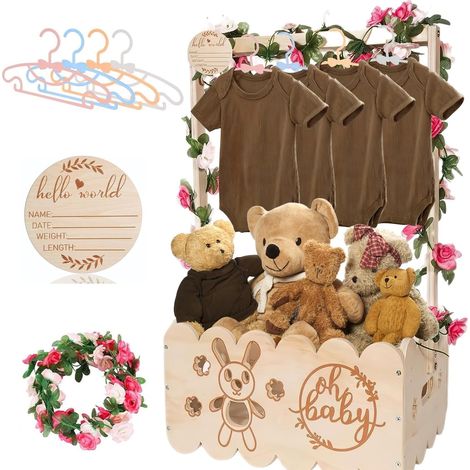 Cesto regalo in legno per neonati con manico, cesto portaoggetti per neonati, baule per neonati, armadio con grucce e ghirlanda per bambini, cesto personalizzato per futuri genitori (1/5)