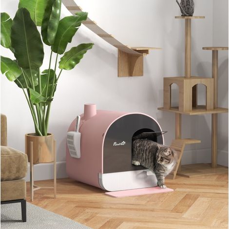 Arenero para gatos cerrado con tapa, pala y alfombra antirrestos, plástico rosa/negro DESVIAE (1/5)