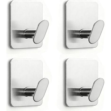 Juego de 4 ganchos adhesivos para toallas/abrigos de pared en acero inoxidable para baño o cocina, color plateado (1/5)