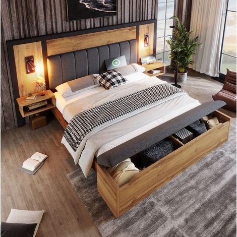 Cama doble 180x200 cm roble de madera, metal y lino con luces de lectura, USB-C y banco con almacenaje (1/5)