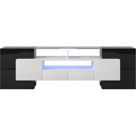 Meuble tv 200 cm blanc et noir brillant avec led et plateau en verre, design moderne
