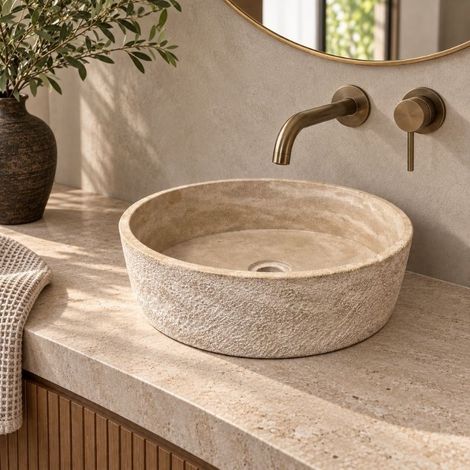 Vasque à poser ronde en pierre naturelle Atlas Beige 41x13 cm - À l'unité - Ti'ma Stone (1/3)