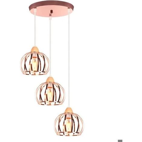 3lampes Moderne Suspension Luminaire Industriel Lustre Vintage en Cage Plafonnier Ajustable en Bois Métal pour Salon Chambre (1/5)