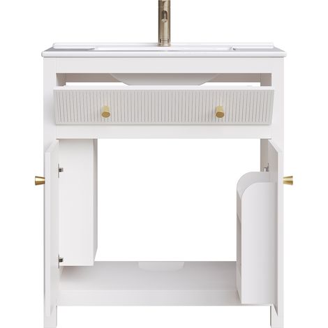 Meuble sous-vasque blanc 81 x 46,5 cm avec vasque en céramique, 1 tiroir + 1 porte à fermeture douce, meuble vasque moderne autoportant au design rainuré (1/5)