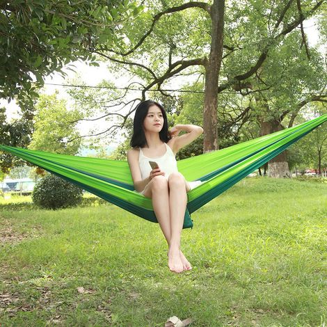 Hamac suspendu extérieur allongé pour camping, voyage, balançoire de couchage, double couleur vert foncé et vert clair (1/5)