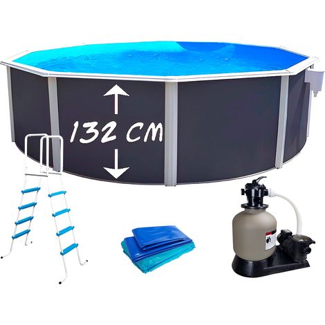 Piscine hors sol ronde acier anthracite Ø 550x132cm – Liner 0.60mm – Filtration à sable 8m³/h – Capacité 29.000L – Kit complet – TOI