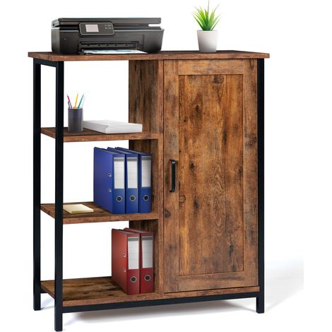 Idmarket – Buffet d'appoint 3 étagères et placard 70 cm – Bois effet vieilli – Style industriel – Dimensions compactes : 70x30x81 cm
