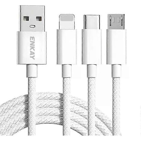 Câble de charge USB 3-en-1 - 60 W, 1,5 m, couleur bonbon, ENKAY Blanc (1/2)