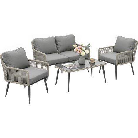 Rattan Garden Furniture Set, Tempered Glass with 3 Chairs