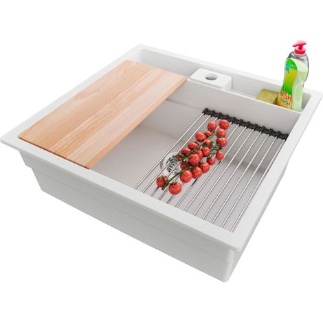 PRIMAGRAN Evier Cuisine en Granit 56x54cm,Lavabo 1 bac + Kit de Vidage + Accessoires, Évier à Encastrer au meuble 60cm - Bergen Pocket, Blanc (1/5)