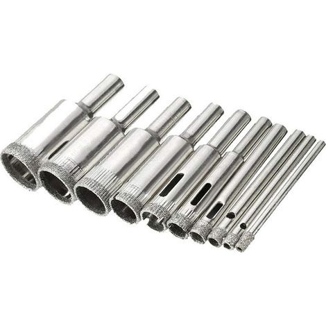 Set of 10 diamond drill bits, 3-18 mm, suitable for diamond coated carbon steel, glass, ceramics, tiles, bricks and marble (silver). (1/5)