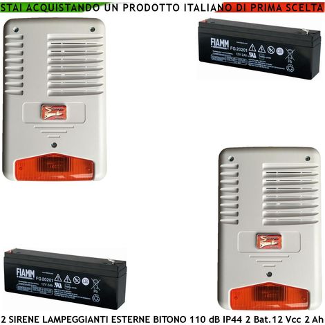 Sirena Con Lampeggiante a Led 12 Vcc 2 Pezzi Esterna Bitono Frequenza 1724 ± 2475 Hz 110 dB Tromba 15 W Assorb. 1,5 Ah 2 Batterie 12 V 2 Ah Selezionate Comando Allarme Caduta +/- Led Segnale di Stato (1/3)