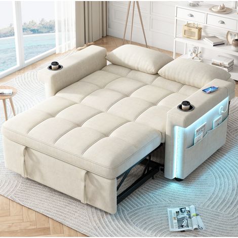 Sofá de 2 plazas (145x141.5x90 cm), convertible en cama, respaldo ajustable, iluminación LED, chenilla beige (1/5)