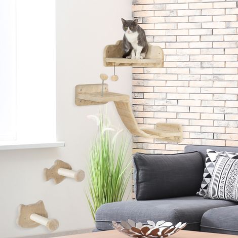Gratte-mur Chats Poteaux Sisal Double Plateforme Échelle Souple Saut Animaux Compagnie Beige (1/4)