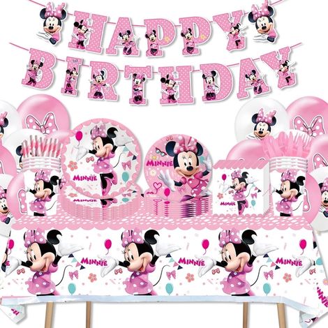 Décor De Fête Minnie - Assiettes Couverts Serviettes Nappe Banderoles Ballons - Kit Complet Pour Anniversaire Thème Minnie - 10 Pièces