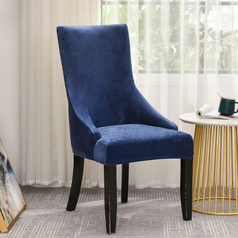 Velvet side chair cover with winged back - Stretchable protective cover for kitchen, dining room, banquet chair decoration - Chair not included (navy blue) (1/5)