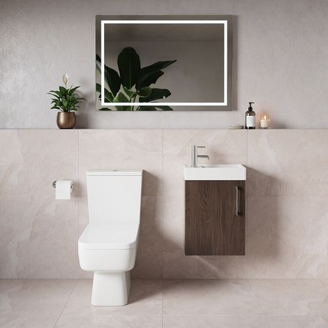 Napoli Cube Brown Oak 400mm Single Door Wall Mounted Vanity Unit and Toilet Suite with Align Basin - 400mm - Chrome 160mm Handle