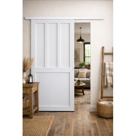 Puerta corredera de taller de 2 paneles blancos H204 x L73 cm, riel de aluminio con banda blanca, conchas blancas para GD MENUISERIES