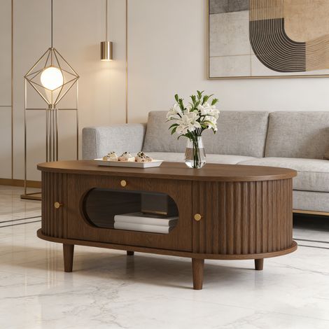 Ovaler Couchtisch 100x50x36cm mit einer Schublade, zwei Schiebetüren und verstecktem Stauraum Moderner, minimalistischer Stil Walnuss-Finish