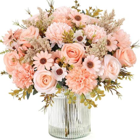 Lot de fleurs artificielles – Hortensia et rose réalistes pour mariage, table et décoration de maison,Champagne (1/5)