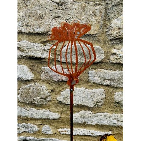 3 Feet Poppy Seed Head Plant Pin Garden Art (Pack of 3) - Bare Metal/Ready to Rust