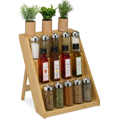 Relaxdays Portaspezie da Appoggio, Organizer Cucina, 3 Gradini per Spezie, 29,5x30x26 cm, Spice Rack, Bambù, Naturale