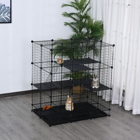 Gabbia/recinto/box modulare per roditori, dimensioni: L 111 x P 75 x H 119 cm, 3 livelli, 4 porte, rete metallica nera