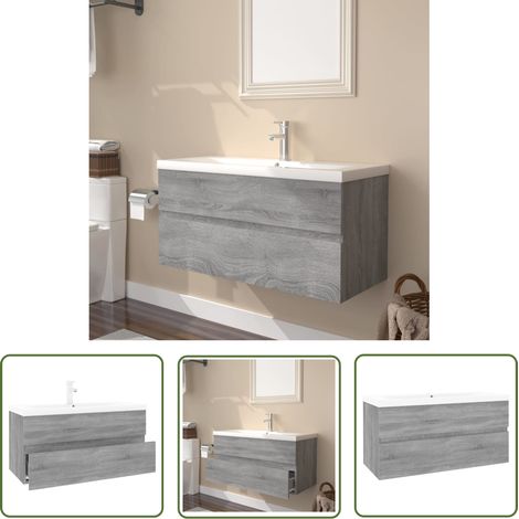 The Living Store Meuble lavabo avec bassin intégré Sonoma gris Bois d'ingénierie - Meuble Lavabo - Meuble Salle De Bain - Vasque Intégrée - Rangement Salle De Bain - Design Moderne (1/5)