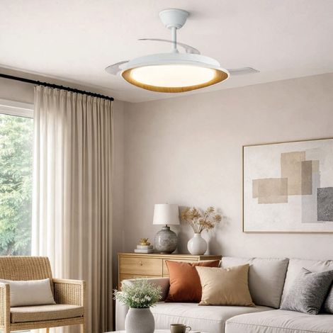 Ventilador LED aspas retráctiles Plenn Blanco+Madera 48W