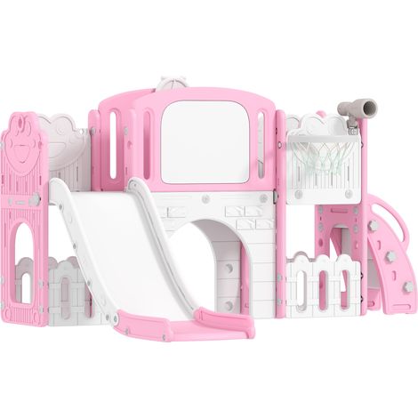 7 in 1 Toddler Slide Set Basketball Hoop, Climbing Frame, Telescope, Drawing Board, Storage Box, Pink (1/5)