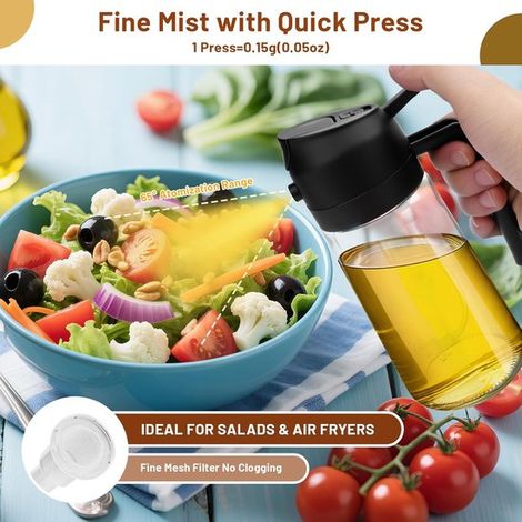 Questo flacone spray 2 in 1 per olio da cucina ha una capacità di 470 ml e può essere utilizzato sia per spruzzare che per versare l'olio. (1/5)