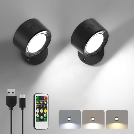 LED Wandleuchte Innen, 2 Stück Akku Wandlampe mit Fernbedienung Kabellos Leselampe, 3 Farbmodi Dimmbar Nachttischlampe Wandlicht, 360° Drehbare Aufladbare Leuchten für Treppe Wohnzimmer Schlafzimmer (1/5)
