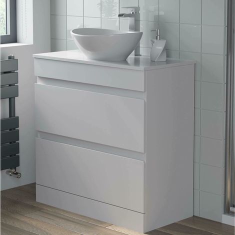 Countertop Vanity Unit & Basin Floor Standing Bathroom Furniture Drawer White Gloss 800mm with 410mm Oval Basin (1/5)