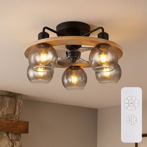 Globo – Ventilateur de plafond télécommandé en bois et métal – Abat-jour en verre fumé – 5x E27 – 3 vitesses – Diamètre 55 cm – Pour pièces 8-12 m² (1/5)