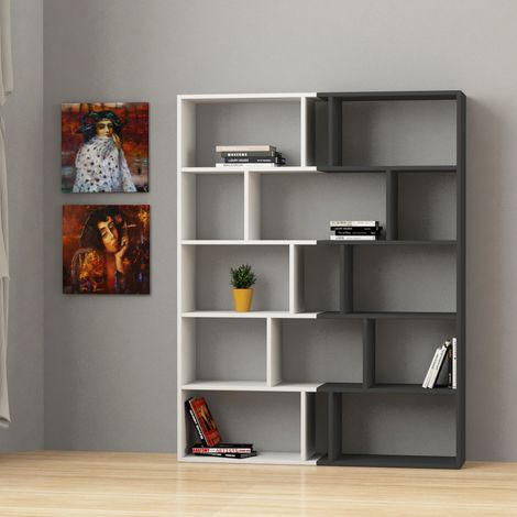 Decortie Tapi Modern Bookcase Display Unit Room Separator Set Of 2 Tall 159cm - White / Anthracite Grey (1/3)