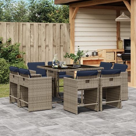 9-teiliges Garten-Ess-Set mit Kissen, grau, Polyrattan (1/5)
