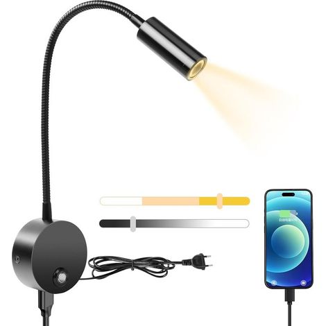 LED-Wandleuchte – Schwanenhals-Leselampe – Dimmbar und mit USB-Anschluss – Für Nachttisch und Schreibtisch – Schwarz – 34 cm (1/5)