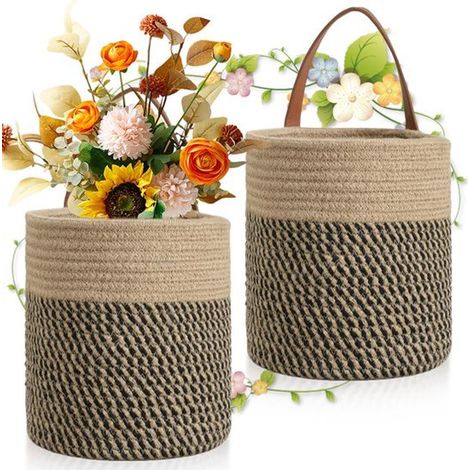 Set di 2 cestini da parete per piante sospese, vasi da fiori, cestini sospesi in juta, cestini portaoggetti per casa, parete, porta, ufficio (1/5)