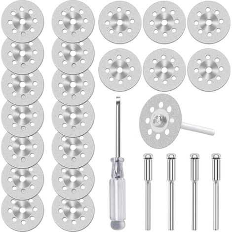 Lot de 20 Disques de Coupe Diamantés (22 mm) pour Outil Rotatif Dremel, Mini Disques à Tronçonner Revêtus de Diamant, Avec 4 Mandrins de 3 mm et Tournevis, pour Verre, Pierre, Carrelage (1/5)