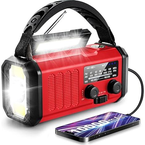 Notfall Hand Kurbel Radio, 10000mAh/37000mWh Solar Radio NOAA/AM/FM Wetter Radio, Notfall Handy Ladegerät Dynamo Radio mit Multifunktions LED Taschenlampe für Indoor Outdoor Notfälle，rot