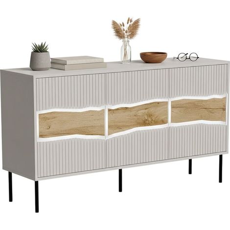 Credenza Saliceto, Madia da salotto con tre ante battenti e vani interni, Rialzata da terra, 144x40 h80 cm, Beige e Rovere Nodi